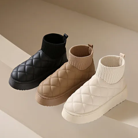 Women's Thick Sole Snow Boots Waterproof Quilted Diamond PU Leather Winter Warm Faux Fur Lined Ankle Boots With Knitted Cuff
