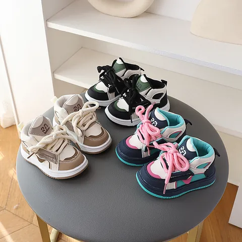 Kinder High Top Sportschuhe Kontrastfarben Dicke Schnürsenkel Brotschuhe Atmungsaktiv Rutschfeste Lässige Sneakers Für Jungen Mädchen