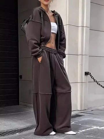 Completo Casual da Donna con Top con Cappuccio e Zip e Pantaloni a Gamba Larga a Vita Alta in Poliestere Patchwork