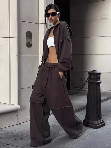 Completo Casual da Donna con Top con Cappuccio e Zip e Pantaloni a Gamba Larga a Vita Alta in Poliestere Patchwork