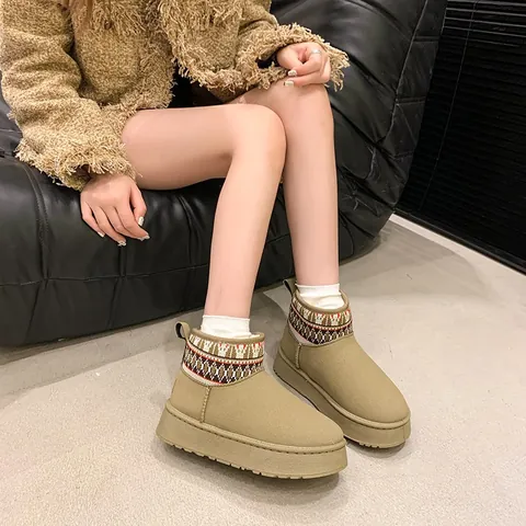 Women's Winter Mid-Calf Snow Boots Cow Suede Warm Faux Fur Lining Ethnic Patterned Knit Cuff Platform Non-Slip Shoes