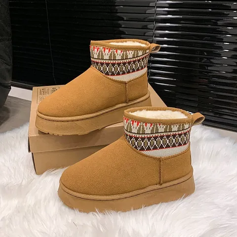 Women's Winter Mid-Calf Snow Boots Cow Suede Warm Faux Fur Lining Ethnic Patterned Knit Cuff Platform Non-Slip Shoes