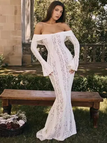 Abito Maxi da Donna Sexy Spalle Scoperte in Pizzo Intagliato Elegante Manica a Campana Patchwork Vestibilità Aderente per Festa