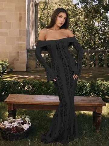 Abito Maxi da Donna Sexy Spalle Scoperte in Pizzo Intagliato Elegante Manica a Campana Patchwork Vestibilità Aderente per Festa