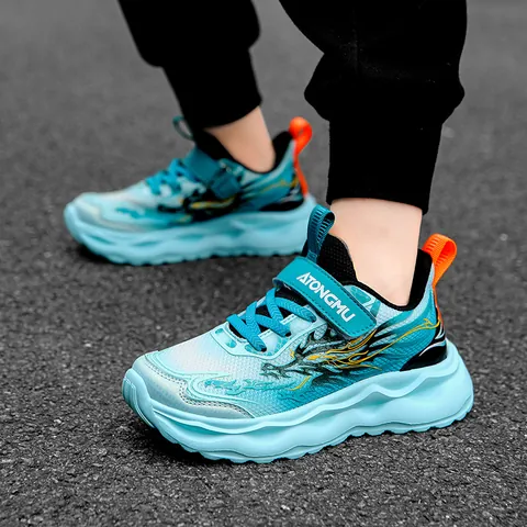 Kids Dragon Pattern Sneakers Boys Girls Breathable Mesh Thick Sole Soft Running Shoes School Sports Travel Shoes