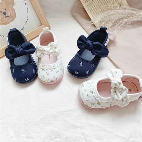 Kleinkind Mädchen Stoffschuhe Blumenmuster Schleife Spitze Weiche Sohle Rutschfeste Lauflernschuhe Kinder Sneakers Japanischer Stil