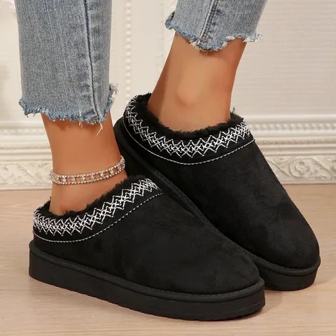 Botas de Nieve con Plataforma para Mujer Gamuza Sintética Cálido Forro de Felpa Zapatos de Piel Bordado Étnico Slip On Mules Casual Exterior