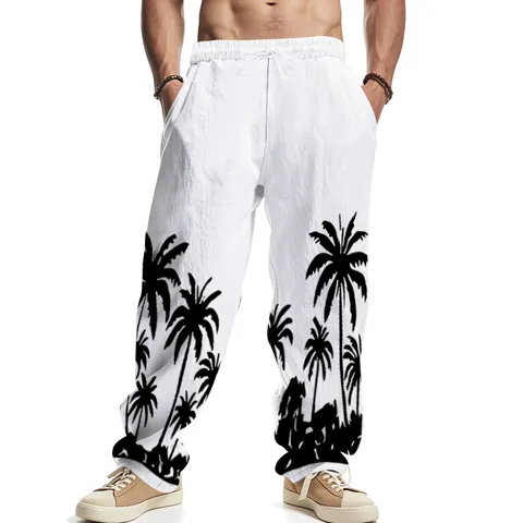 Men's Casual Linen Blend Straight Leg Pants Tropical Palm Tree Print Loose Wide Leg Beach Trousers Summer Holiday Wear
