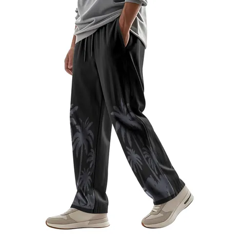 Men Casual Linen Blend Pants Hawaiian Palm Tree Print Loose Straight Leg Elastic Waist Drawstring Beach Bottom