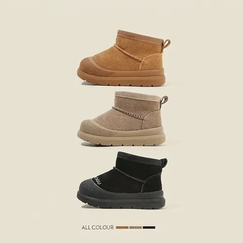 Toddler Baby Snow Boots Winter Warm Plush Lined Infant Walker Shoes For Boys Girls Anti-slip Rubber Sole Side Zipper Suede Boots