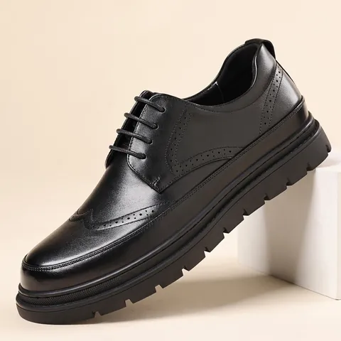 Zapatos Brogue de Cuero de Vaca Genuino para Hombre Negocios Casual Cordones Antideslizante Aumento Estatura Mocasines Formales