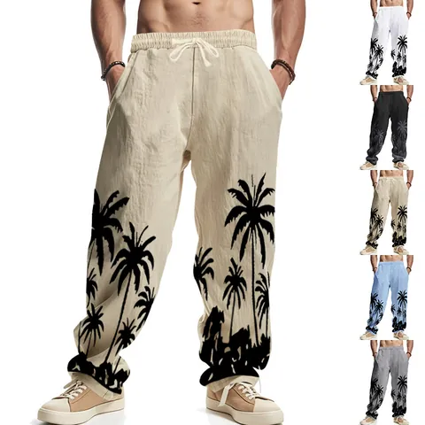 Men's Casual Linen Blend Straight Leg Pants Tropical Palm Tree Print Loose Wide Leg Beach Trousers Summer Holiday Wear