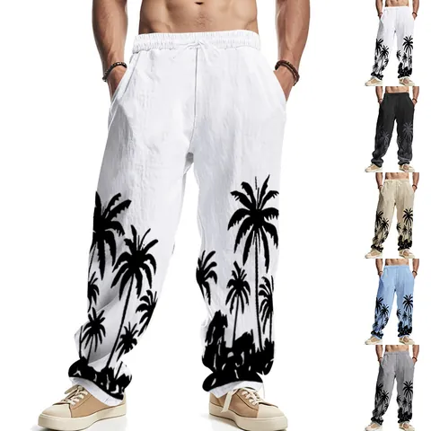 Men Casual Linen Blend Pants Hawaiian Palm Tree Print Loose Straight Leg Elastic Waist Drawstring Beach Bottom