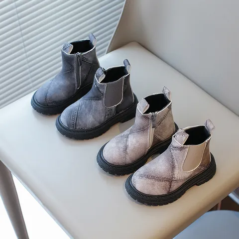 British Style Girls Martin Boots Microfiber Leather Denim Texture Casual Short Boots Autumn Winter Non-slip Side Zipper Kids Footwear