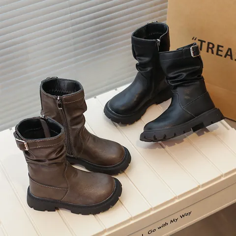 Bottes Mi-Mollet Slouch pour Filles Automne Hiver Semelle Épaisse Augmentation de Taille Mode Bottes Martin Simili Cuir pour Enfants
