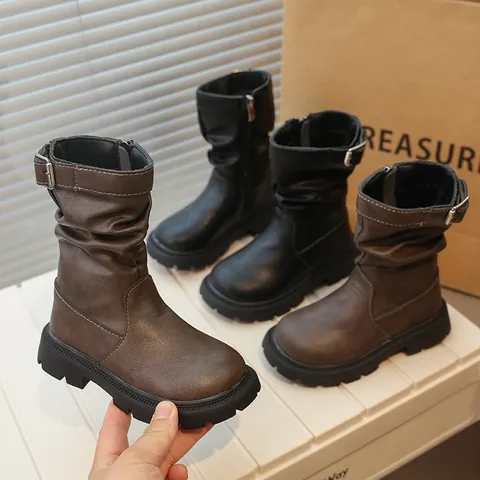 Bottes Mi-Mollet Slouch pour Filles Automne Hiver Semelle Épaisse Augmentation de Taille Mode Bottes Martin Simili Cuir pour Enfants