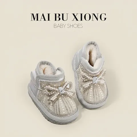 Baby Girl Winter Snow Boots Warm Rhinestone Pearl Bowknot Toddler Walker Shoes Faux Fur Lined Non Slip Microfiber Leather Boots