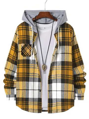 Men Casual Plaid Hooded Shirt Long Sleeve Patchwork Cotton Blend Flannel Hoodies Jacket For Autumn Spring Daily Wear