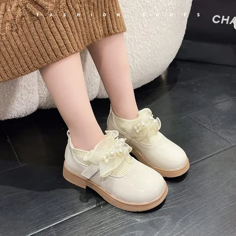 Girls Japanese Style Patent Leather Princess Shoes Pearl Lace Non-slip School Flat Shoes For Kids