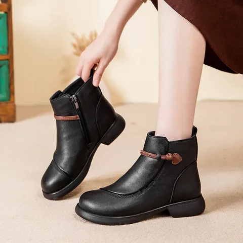 Women's Winter Warm Short Boots Faux Leather Side Zipper Round Toe Anti-Slip Mid-Aged Mother Shoes Plus Velvet Lining
