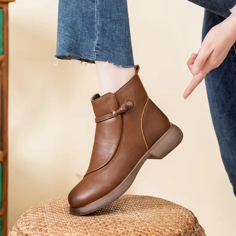 Women's Winter Warm Short Boots Faux Leather Side Zipper Round Toe Anti-Slip Mid-Aged Mother Shoes Plus Velvet Lining