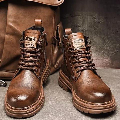 Men Martin Boots Genuine Cowhide Leather Winter Boots Retro British Style High-top Work Boots For Men Lace-up Side Zipper Non-slip Warm Shoes