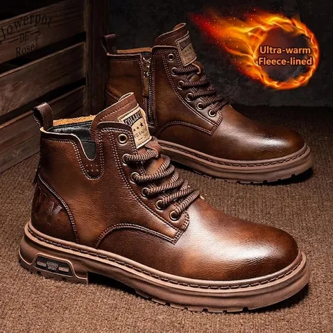 Men Martin Boots Genuine Cowhide Leather Winter Boots Retro British Style High-top Work Boots For Men Lace-up Side Zipper Non-slip Warm Shoes