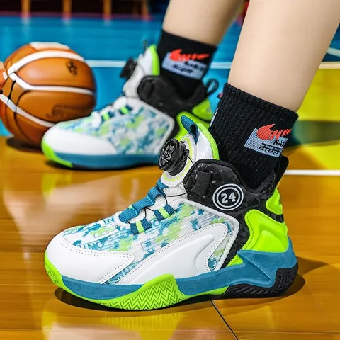 Scarpe da Basket Professionali per Bambini in Rete Jacquard Suola in TPU Chiusura a Rotella High Top Sneakers Sportive Ragazzi