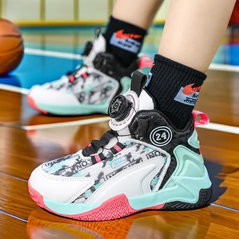 Scarpe da Basket Professionali per Bambini in Rete Jacquard Suola in TPU Chiusura a Rotella High Top Sneakers Sportive Ragazzi