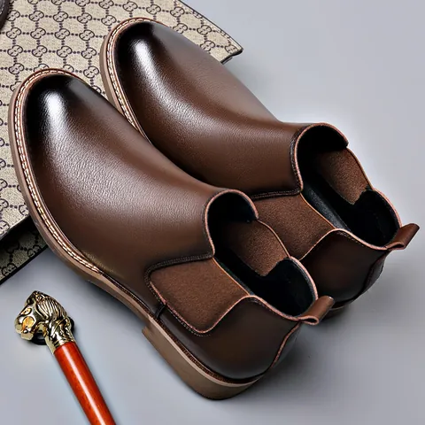 Botas Chelsea de Hombre Estilo Británico Piel Sintética Slip On Botas Martin Forro de Felpa Cálida Botines para Otoño Invierno Casual Business
