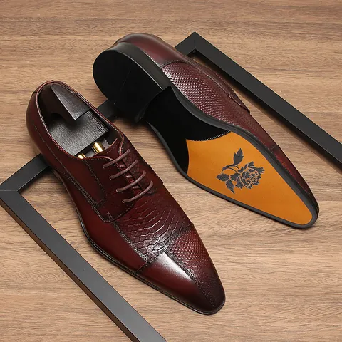 Men's British Style Genuine Leather Business Formal Shoes Fashion Pointed Toe Embossed Derby Shoes Plus Size Dress Shoes