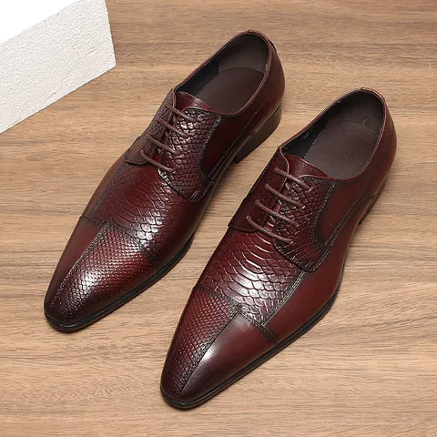 Men's British Style Genuine Leather Business Formal Shoes Fashion Pointed Toe Embossed Derby Shoes Plus Size Dress Shoes