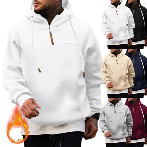 Men's Casual Long Sleeve Pullover Hoodie Fleece Lined Quarter Zip Patchwork Loose Hooded Sweatshirt Winter Warm Outerwear Top