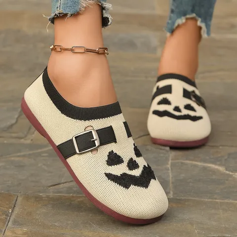 Mocasines Fly-Knit para Mujer con Estampado de Calabaza de Halloween Zapatos Planos Transpirables Zapatos Cómodos para Caminar para Fiesta