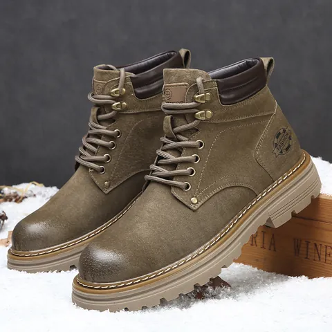 Bottines Martin pour Hommes Style Britannique Cuir de Porc Croûte Hiver Chaud Doublé Polaire Antidérapant Semelle Épaisse Bottes Outdoor Vintage