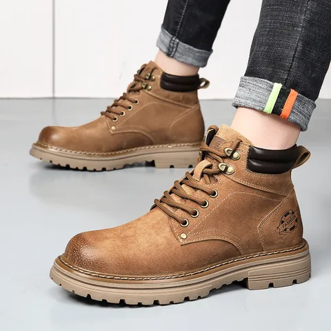 Bottines Martin pour Hommes Style Britannique Cuir de Porc Croûte Hiver Chaud Doublé Polaire Antidérapant Semelle Épaisse Bottes Outdoor Vintage