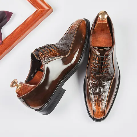 Men's First Layer Cowhide Oxford Shoes Crocodile Pattern Embossed Pointed Toe Formal Business Wedding Dress Leather Shoes