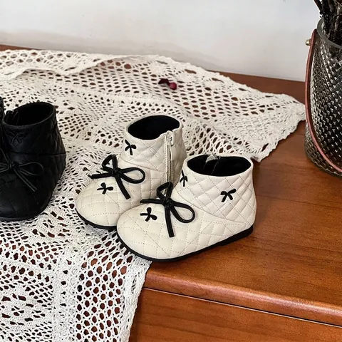 Toddler Girls Quilted Martin Boots Autumn Winter Baby Bow Short Boots Faux Leather Walking Shoes Side Zipper Warm Boots