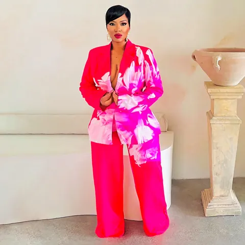 Women Floral Print Blazer Top And Bottom Set Elegant Rose Red Single Breasted Suit Jacket And Wide Leg Pants Casual Outfit