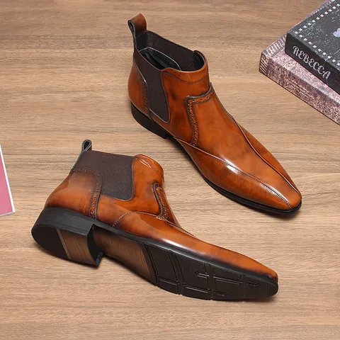 Men's Pointed Toe Chelsea Boots Cowhide Leather Glossy Finish Brogue Carving Pull-on Fashion Dress Boots For Business Casual Party