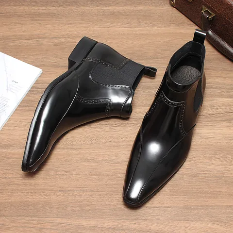 Men's Pointed Toe Chelsea Boots Cowhide Leather Glossy Finish Brogue Carving Pull-on Fashion Dress Boots For Business Casual Party