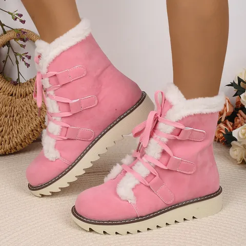 Women Fashion Snow Boots Faux Suede Lace Up Thick Sole Winter Warm Boots With Artificial Short Plush Lining Anti Slip Flat Cotton Boots
