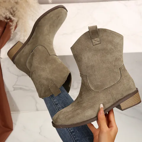Women's Vintage Pointed Toe Western Cowboy Boots Suede Chunky Heel Mid-Calf Pull-on Boots Autumn Winter Casual Daily Wear