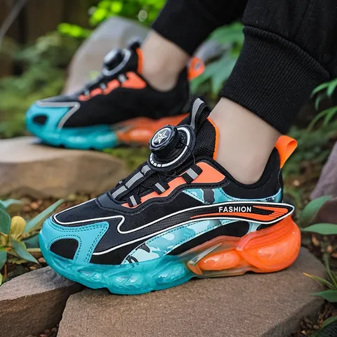 Boys Sports Sneakers 2024 New Rotating Buckle Running Shoes Breathable Mesh Soft Sole Lightweight Outdoor Sneakers For Kids