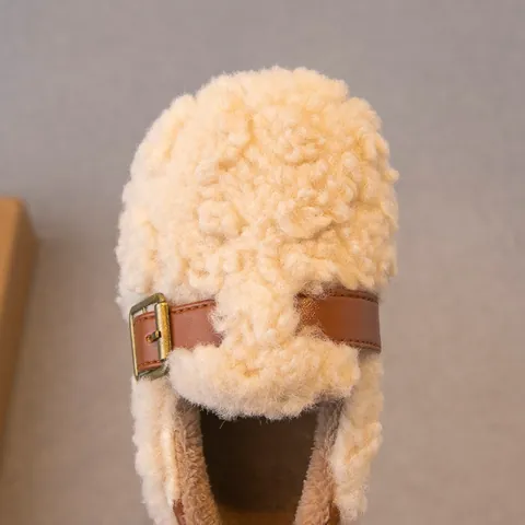 Mocasines Sherpa para Niñas Zapatos de Invierno Algodón Forrados de Lana Mocasines de Bebé con Hebilla Metálica Suela Blanda Cálidos