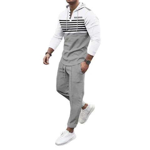 Herren Waffelstrick Freizeit-Set Farbblock Gestreift Mit Kapuze Langarm Top Und Bottom Outdoor Sportbekleidung