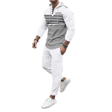 Herren Waffelstrick Freizeit-Set Farbblock Gestreift Mit Kapuze Langarm Top Und Bottom Outdoor Sportbekleidung