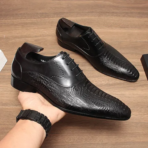 Men's Crocodile Pattern Cowhide Leather Business Shoes British Style Pointed Toe Formal Lace Up Oxford Dress Shoes For Men