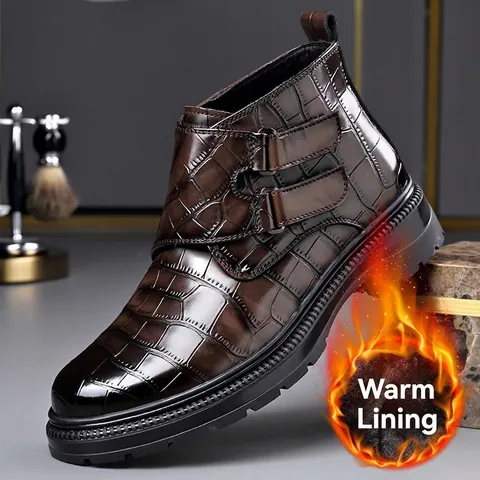 Botas Martin Retro con Patrón de Cocodrilo para Hombre Hebilla de Corte Medio Botas Chelsea Cuero Sintético Forro de Felpa Cálido Zapatos Casuales