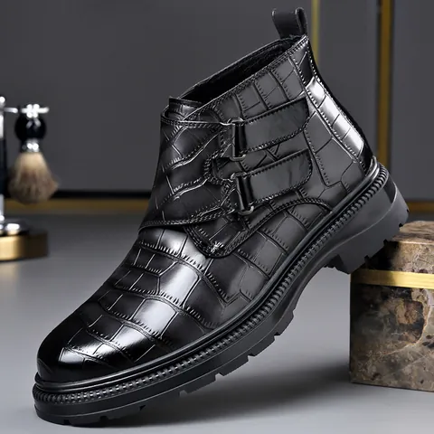 Botas Martin Retro con Patrón de Cocodrilo para Hombre Hebilla de Corte Medio Botas Chelsea Cuero Sintético Forro de Felpa Cálido Zapatos Casuales